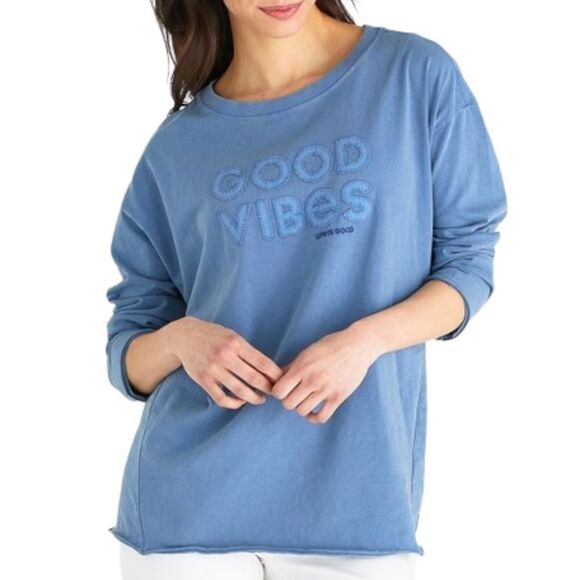 NWT LIFE IS GOOD Vintage Blue Good Vibes Ex-Boyfriend Long Sleeve Crushe… - Picture 1 of 7